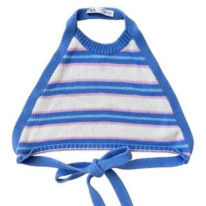 Zara Knit Halter Top Cropped Blue Striped Crochet Y2K Summer Top Small Festival